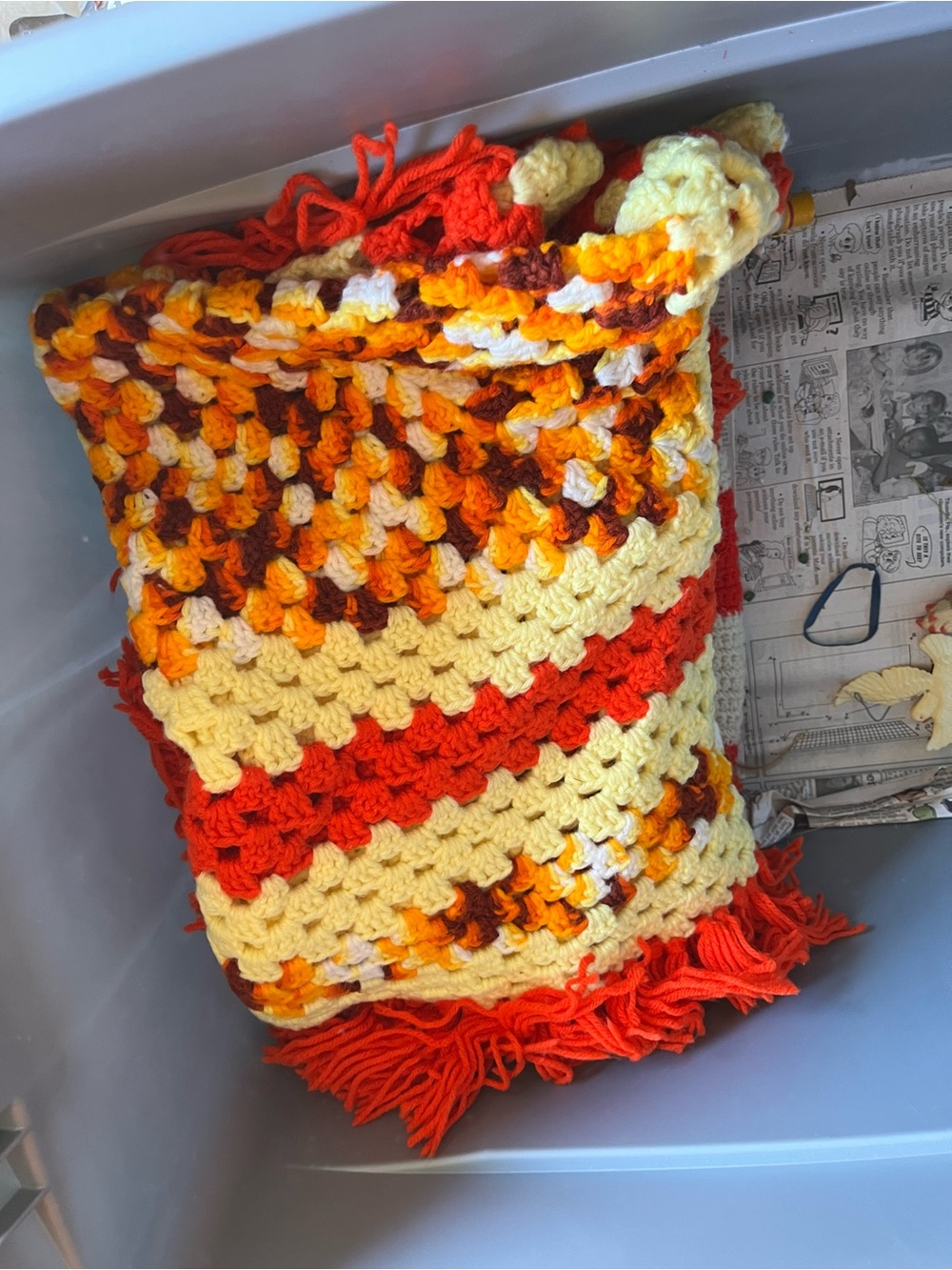 Handmade Crocheted Throw Blanket in Yellow, Orange & Red